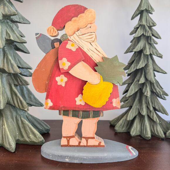 Vintage Wooden Beach Santa w/ Hawaiian Shirt and Surf Board, 12” - Picture 5 of 6